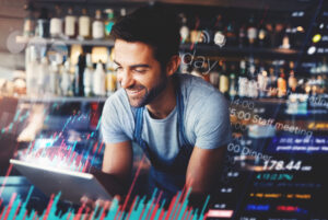 tablet, restaurant and man in data overlay, e commerce software, finance management and schedule planner. bartender, cashier or small business owner on digital technology, service and financial stats